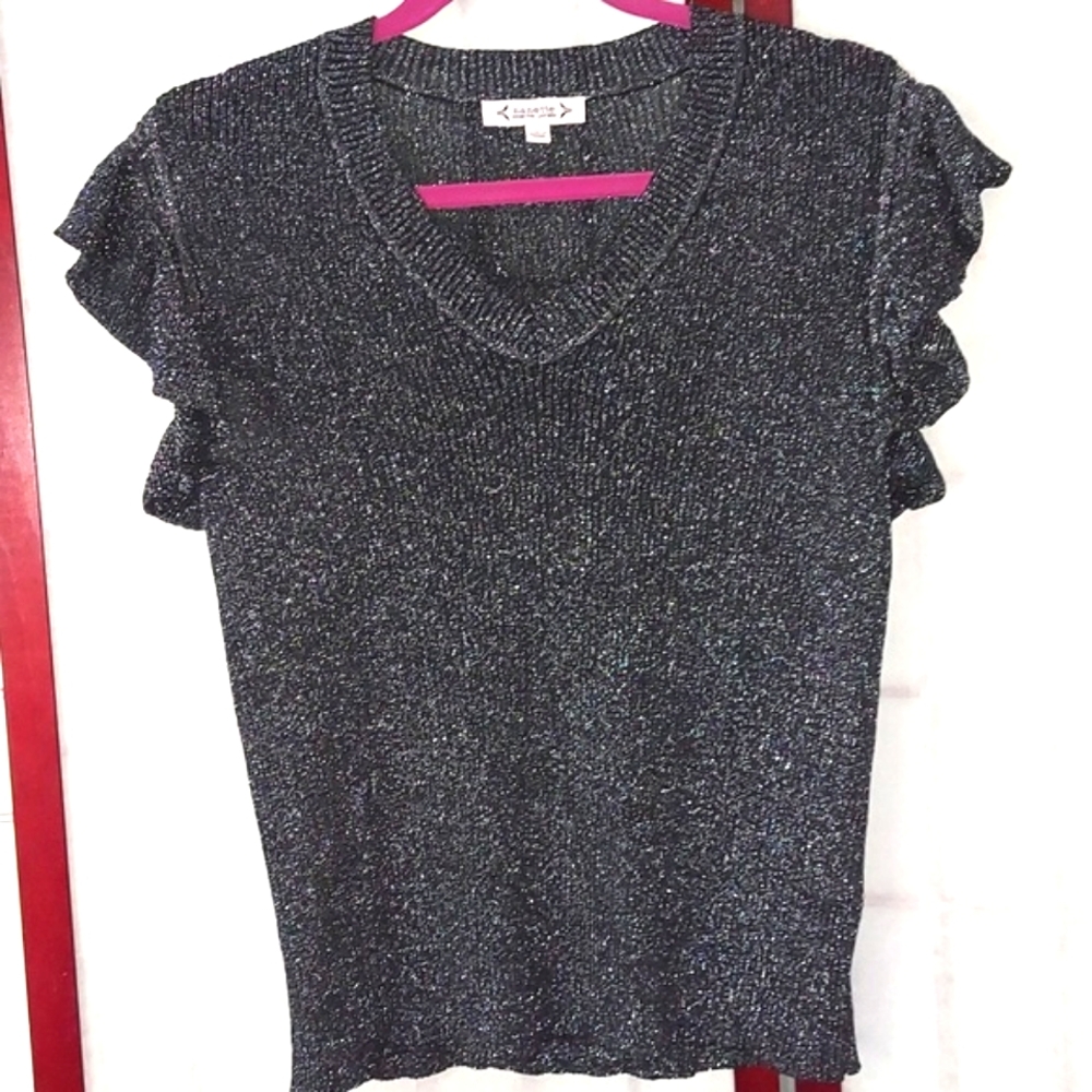 Nanette Lepore Black & Silver V neck Ruffle cap sleeves Knit Sweater Top Sz L